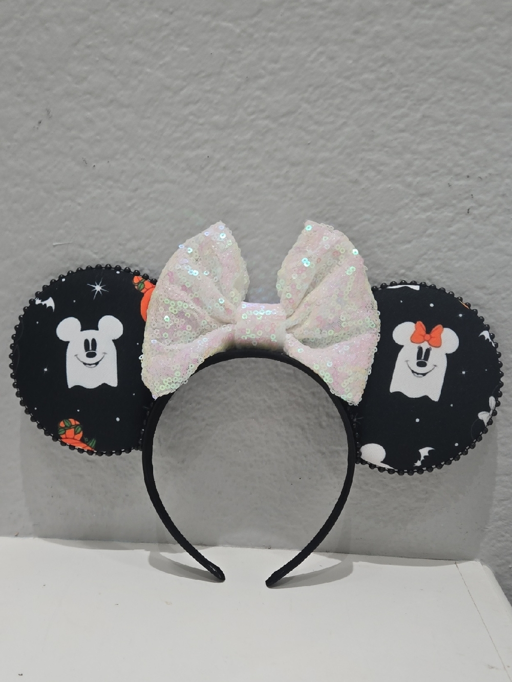 Sequin Light Up Bow Halloween Mouse Ears Headband - Black & Iridescent Pink